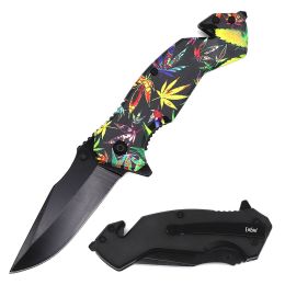 4.75" Closed Marijuana Design Tactical Rescue Spring Assist Knife