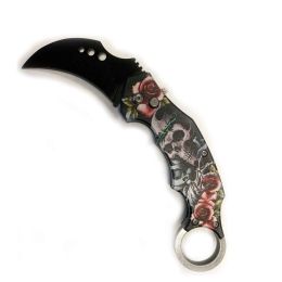 5" Closed Skull and Roses SwitchBlade Karambit Knife Finger Ring