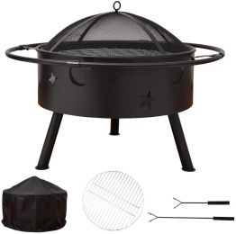 Outdoor Portable 32 Inch Steel Round Fire Pit with BBQ Grill